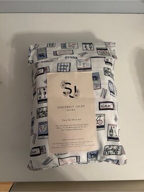 Sincerely Jules Home Twin XL Sheet Set - White with Blue & Pink Print